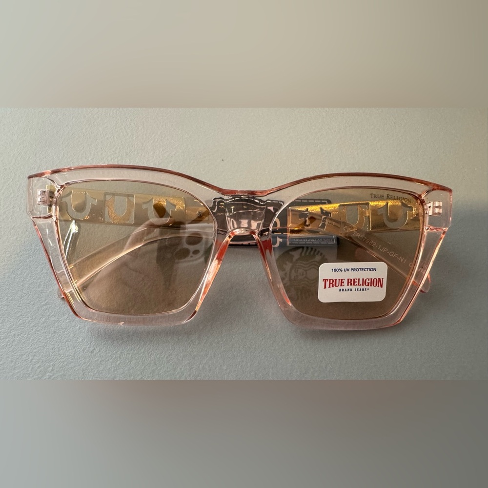 True Religion translucent pastel pink logo embellished Sunglasses gold accent